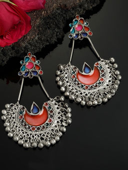 PANASH - Oxidized Silver-Toned Multicolor Enameled Crescent Shaped Chandbali Earrings