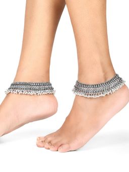 Yellow Chimes - Silver-Toned German Silver Oxidized 2 Pcs Payal Ghoongroo Beads Anklets