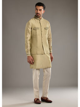 KALKI FASHION - Green Chanderi Linen Kurta with Pant & Jacket