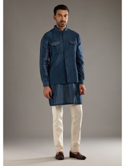 KALKI FASHION - Midnight Blue Chanderi Linen Kurta with Pant & Jacket