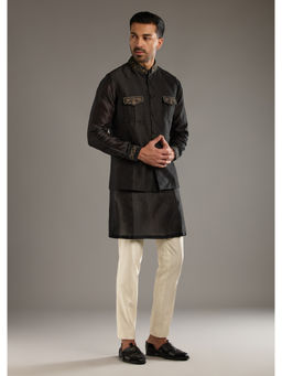 KALKI FASHION - Black Chanderi Linen Kurta with Pant & Jacket