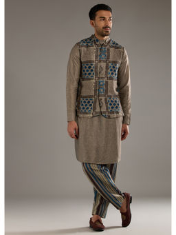 KALKI FASHION - Grey Linen Kurta with Pant & Jacket