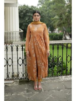 Almaari By Pooja - Chanderi Fabric Yellow Anarkali with Pant and Dupatta (Set of 3)