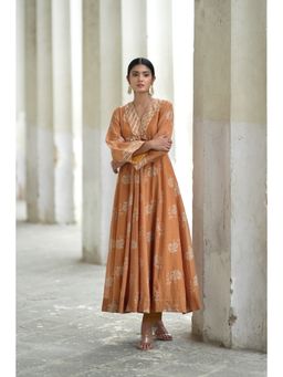 Almaari By Pooja - Chanderi Fabric Yellow Anarkali with Pant (Set of 2)