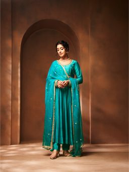 Almaari By Pooja - Peacock Blue Anarkali Manjari with Pant and Dupatta (Set of 3)