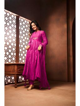 Almaari By Pooja - Hot Pink Pleated Anarkali Mehak with Pant and Dupatta (Set of 3)