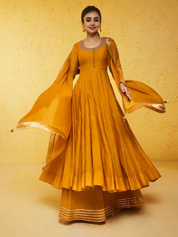 Almaari By Pooja - Floral Aari-Pita Work Mustard Anarkali with Palazzo and Dupatta (Set of 3)