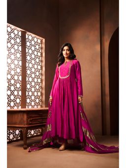Almaari By Pooja - Hot Pink Pleated Anarkali Ridhima with Pant and Dupatta (Set of 3)