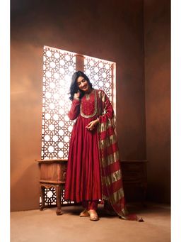 Almaari By Pooja - Deep Red Pleated Anarkali Ridhima with Pant and Dupatta (Set of 3)