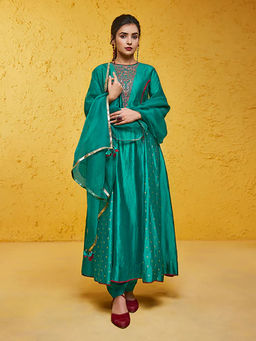 Almaari By Pooja - Turquoise A-Line Chiniya Silk Anarkali with Pant and Dupatta (Set of 3)