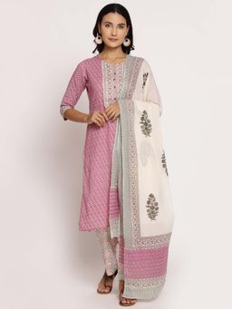 Shree - Women Cotton Pink Floral Printed Kurta Comfort Pant Dupatta (Set Of 3)