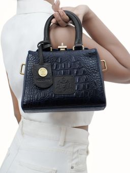 Hidesign - Women Leather Textured Blue Satchel Bag with Detachable Strap (S)