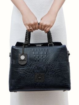 Hidesign - Women Leather Textured Blue Satchel Bag with Detachable Strap with Pouch (M)