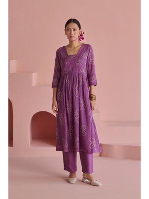 Purple bandhej kurta set