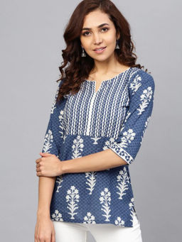 Rain & Rainbow - Women Navy Blue & Off-White Printed A-line Kurti