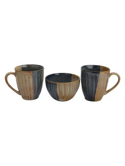 Miah Decor - Studio Pottery Blue & Brown Mugs & Snack Bowl- Set Of 3