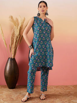 InWeave - Teal Kantha Bota Round Neck Button Kurta and Pant (Set of 2)