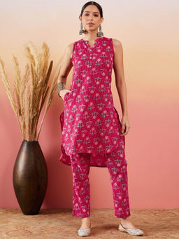 InWeave - Pink Kantha Print Round Neck Button Kurta and Pant (Set of 2)