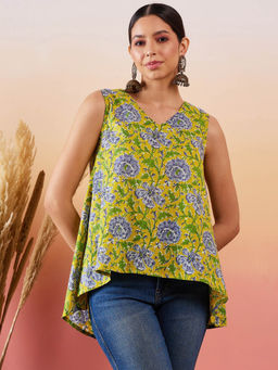 InWeave - Sunset Green Floral Print V-Neck WS Top