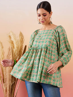 InWeave - Cool Green Kantha Print Cold Shoulder Top