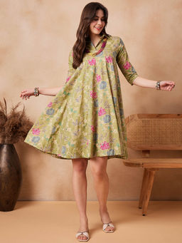 InWeave - Light Lime Green Floral Printed Flared Dress