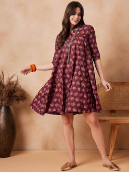 InWeave - Burgundy Floral Bota Print Flared Dress