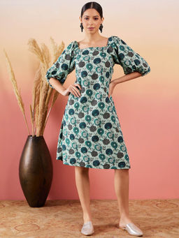 InWeave - Arctic Blue Kantha Print Bishap Sleeves Back Detail Dress