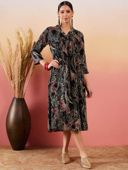 InWeave - Black Beige Red Print Deep V-Neck Flared Dress
