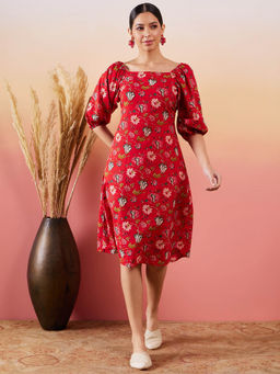 InWeave - Red Floral Print Puff Sleeves Back Detail Dress