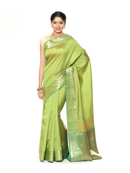 Banarasi Silk Works - Green Valkalam Katan Silk Anchal Saree with Unstitched Blouse