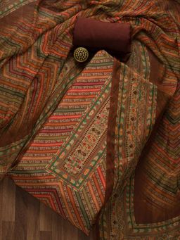 Koskii - Brown Striped Semi Crepe Unstitched Salwar Suit (Set of 3) (Set of Three)