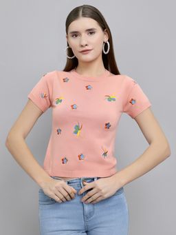 Monte Carlo - Women Regular Fit Half Sleeve Peach Embroidered Top