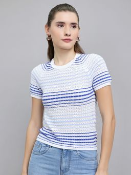 Monte Carlo - Women Off White Crew Neck Striped Half Sleeve Top