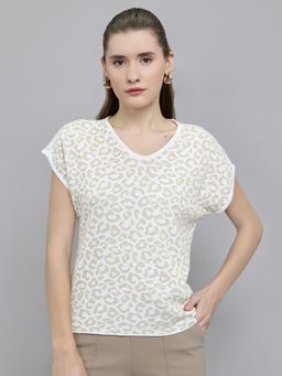 Monte Carlo - Women Regular Fit V-Neck Off White Half Sleeve Top