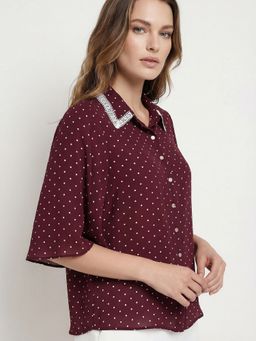 Cover Story - Maroon Plum Polka Dot Shirt Style Top
