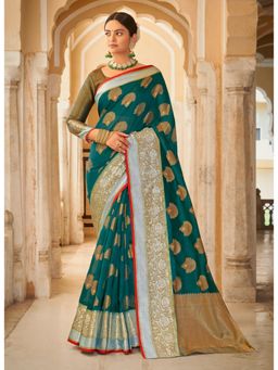 Sangam Prints - Rama Green Woven Rich Pallu Work Traditional Saree with Unstitched Blouse