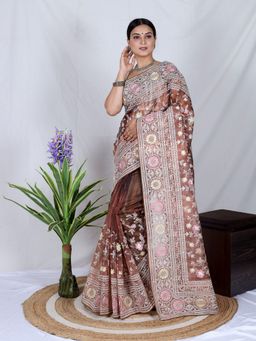 Odette - Brown Organza Embroidered Saree with Unstitched Blouse
