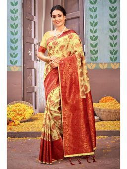 Sangam Prints - Yellow Cotton Woven Zari Work Traditional Tassel Saree with Unstitched Blouse