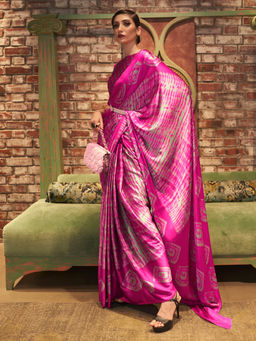Sareemall - Women's Crepe Pink Printed Celebrity Saree with Unstitched Blouse