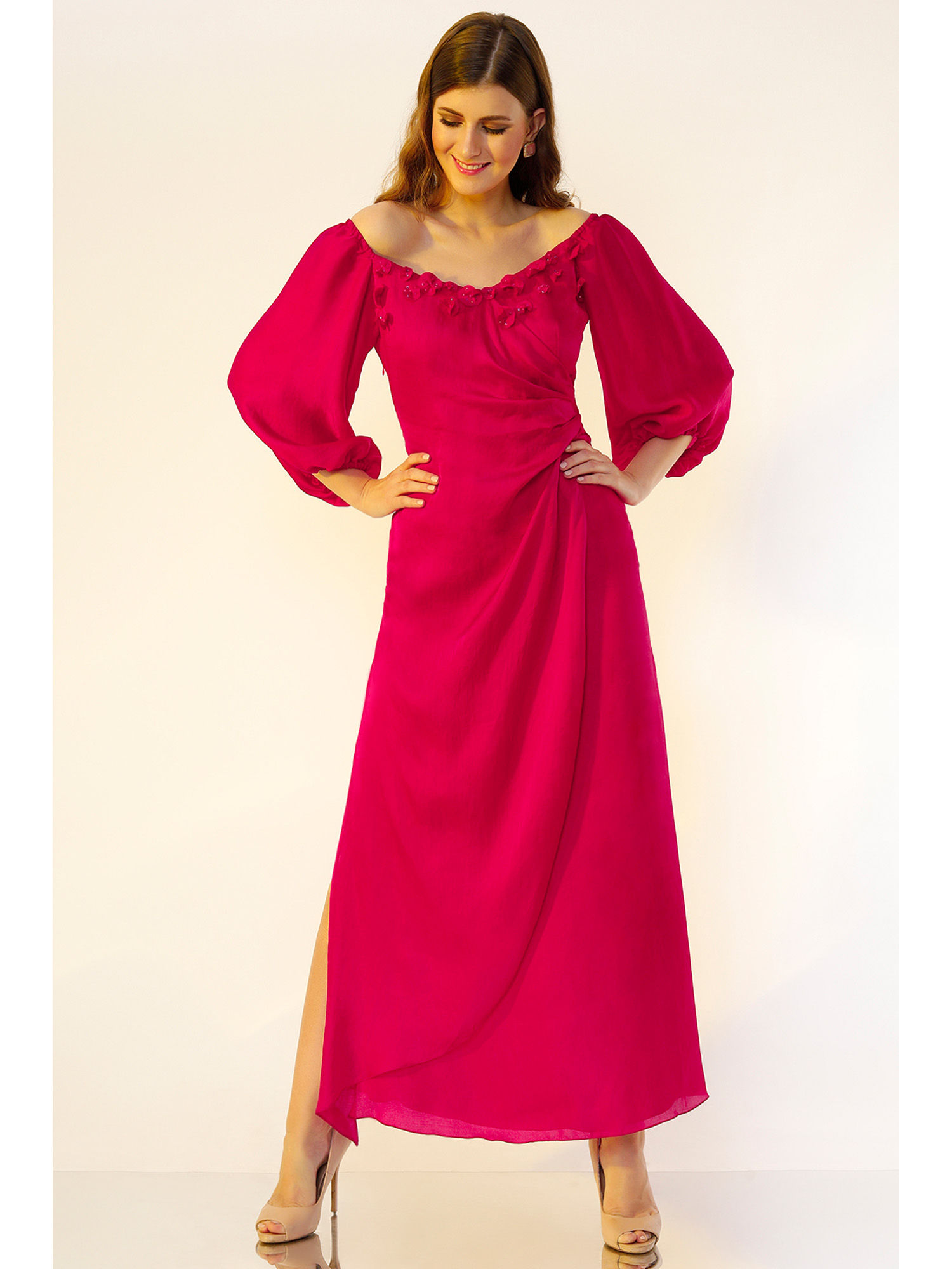 wendell rodricks Dark Fuchsia Hand Embroidered Gown-picture-16