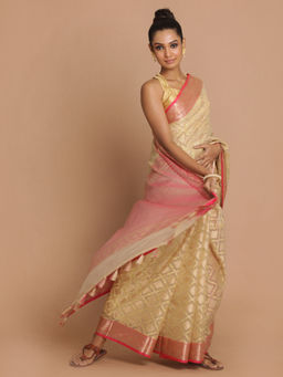 Indethnic - Banarasi Beige Woven Design Festive Wear Saree With Unstitched Blouse