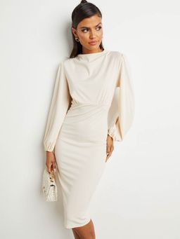 Styli - Beige High Neck Volume Sleeves Bodycon Midi Dress