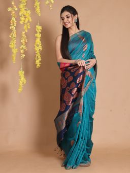 CHARUKRITI - Cerulean Blue Cotton Zari Paisley Designs Handwoven Saree with Unstitched Blouse