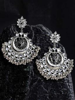 Karatcart - Oxidised Silver Peacocok Shape Black Kundan Chandbali Earrings for Women