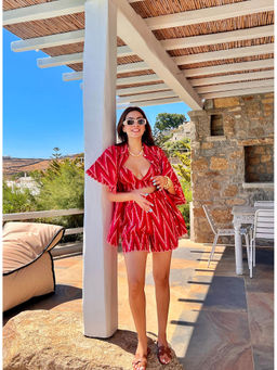 Manvi Daga - Ruby Red Scalloped Co-Ord (Set of 3)