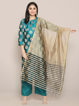 Dupatta Bazaar - Womens Gold & Black Striped Blended Silk Dupatta