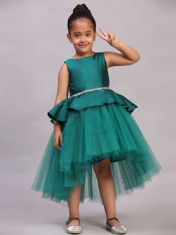 Toy Balloon Kids - Girls Green Embellished Knee Length Dress with Belt (Set of 2)