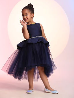 Toy Balloon Kids - Girls Navy Blue Embellished Knee Length Dress with Belt (Set of 2)