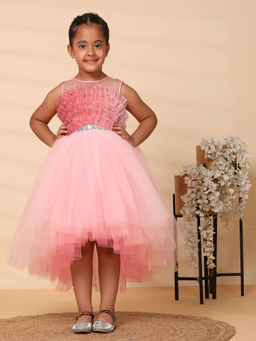 Toy Balloon Kids - Girls Pink Embellished Knee Length Dress with Belt (Set of 2)