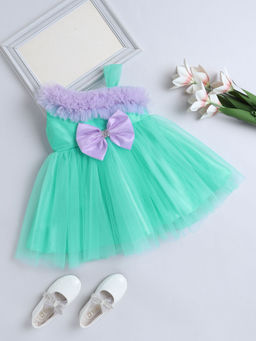 The Magic Wand - Girls Green Self Design Knee Length Dress